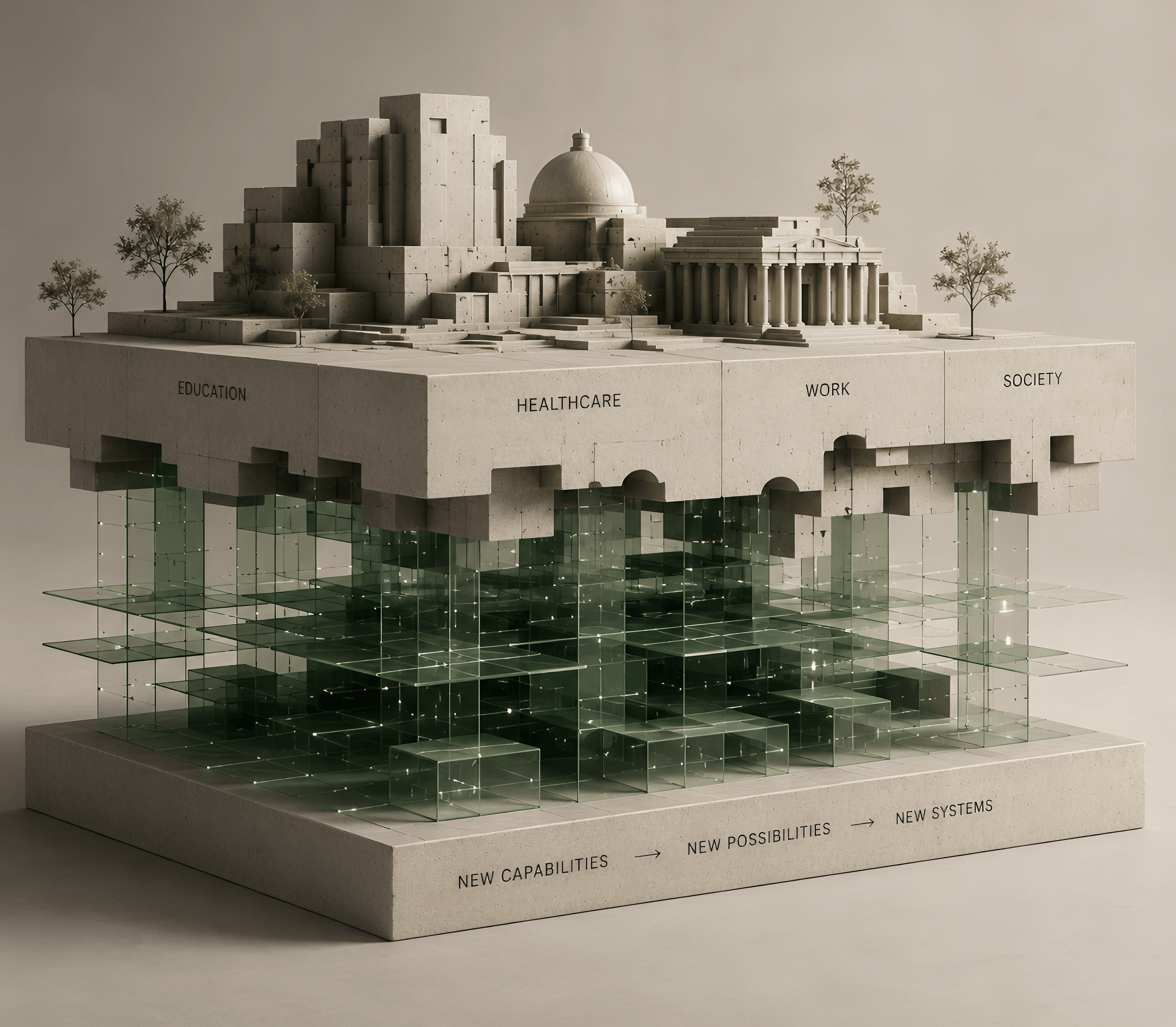 Architectural model representing human systems built on emerging technological foundations.